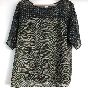 Olsen Europe Animal Print Sheer Top Size M Stylish Black and Green Zebra Print
